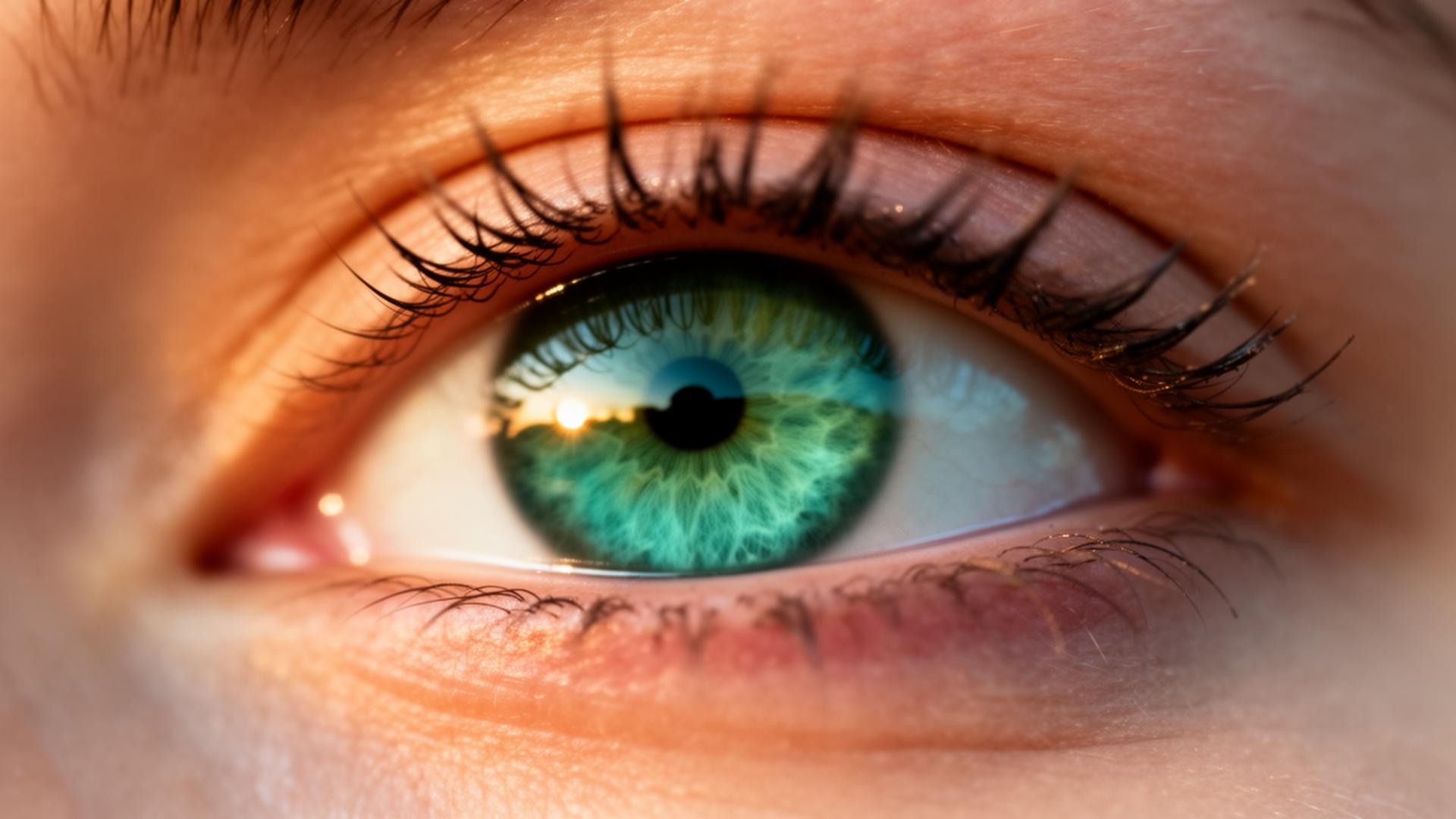 Macro photograph of a healed teal-green human eye reflecting sunrise